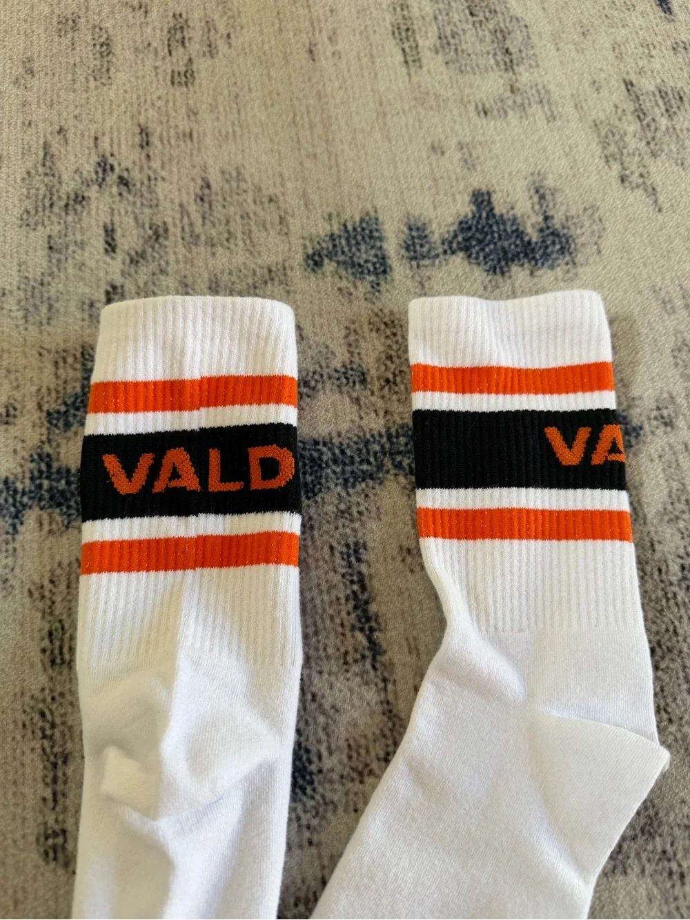 VALD White Crew Socks with Orange and Black Stripes